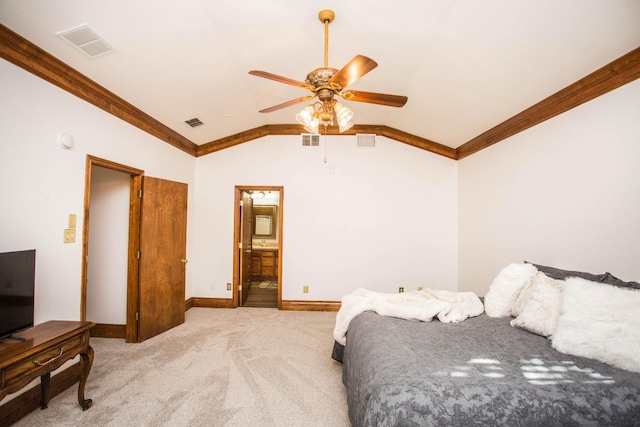 bedroom featuring connected bathroom, lofted ceiling, light colored carpet, ceiling fan, and crown molding