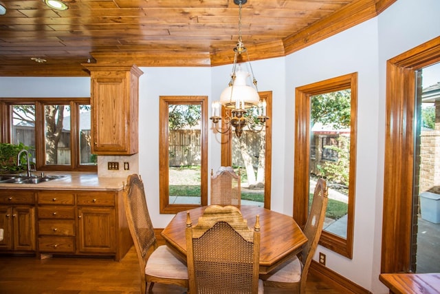 dining area with sink, hardwood / wood-style flooring, crown molding, an inviting chandelier, and wooden ceiling