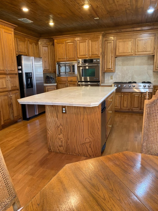 kitchen featuring dark wood-type flooring, a center island, wooden ceiling, stainless steel appliances, and backsplash