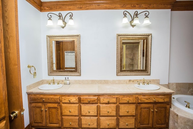 bathroom with vanity and tiled tub