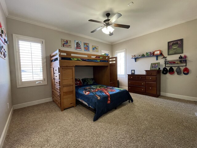 4009 109th St, Lubbock, TX 79423 - bedroom featuring light colored carpet, crown molding, and a ceiling fan