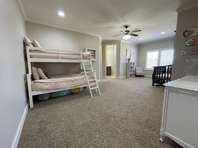 4009 109th St, Lubbock, TX 79423 - bedroom featuring carpet floors, crown molding, recessed lighting, and ceiling fan