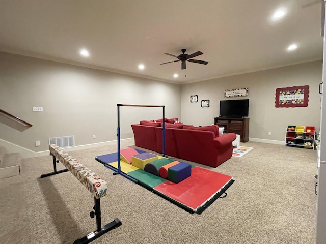 4009 109th St, Lubbock, TX 79423 - rec room with recessed lighting, a ceiling fan, and carpet flooring