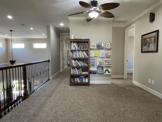 4009 109th St, Lubbock, TX 79423 - hallway with ornamental molding, carpet flooring, and recessed lighting