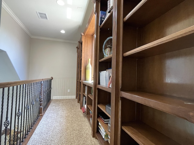 4009 109th St, Lubbock, TX 79423 - hall featuring crown molding, carpet, and wainscoting