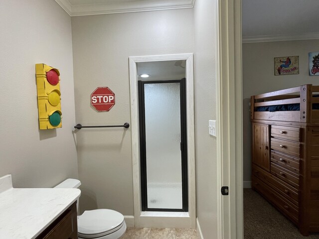 4009 109th St, Lubbock, TX 79423 - bathroom featuring crown molding, vanity, and a stall shower