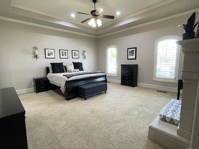 4009 109th St, Lubbock, TX 79423 - bedroom with a raised ceiling, light carpet, ornamental molding, recessed lighting, and a ceiling fan