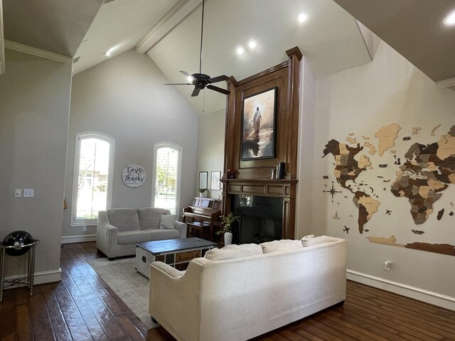 4009 109th St, Lubbock, TX 79423 - living area with dark wood-style floors, a ceiling fan, high vaulted ceiling, and a fireplace