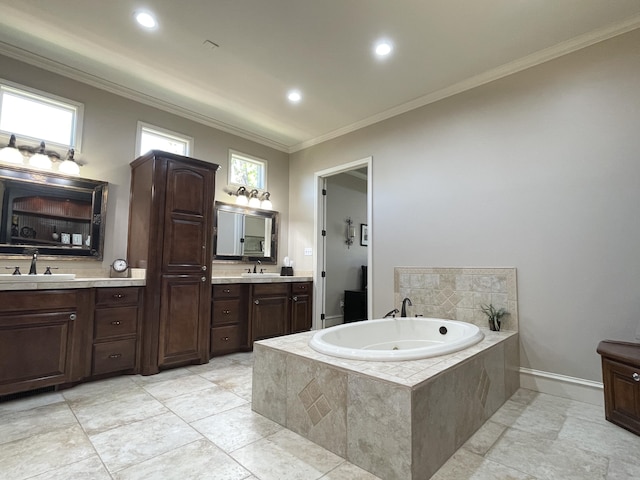 4009 109th St, Lubbock, TX 79423 - full bathroom featuring crown molding, vanity, a whirlpool tub, and recessed lighting