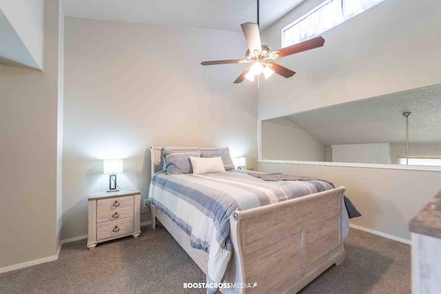 carpeted bedroom with lofted ceiling and ceiling fan