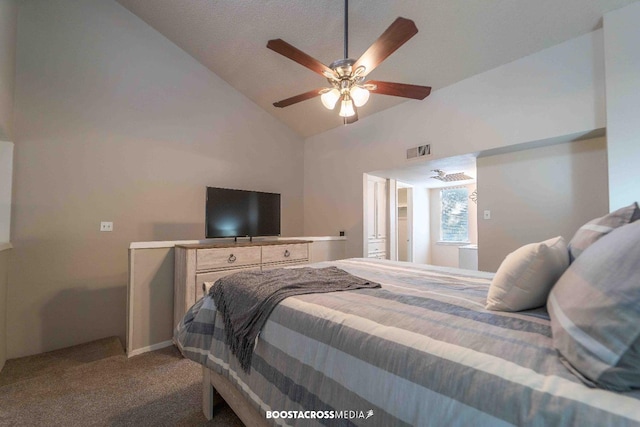 carpeted bedroom with lofted ceiling and ceiling fan