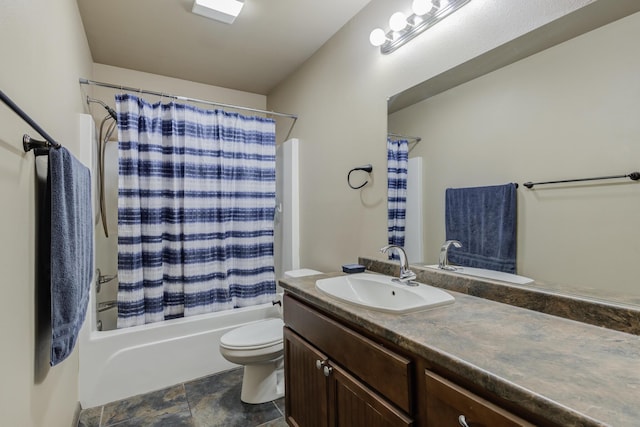 6208 21st St, Lubbock, TX 79407 - bathroom featuring vanity, toilet, stone finish floor, and shower / bath combination with curtain