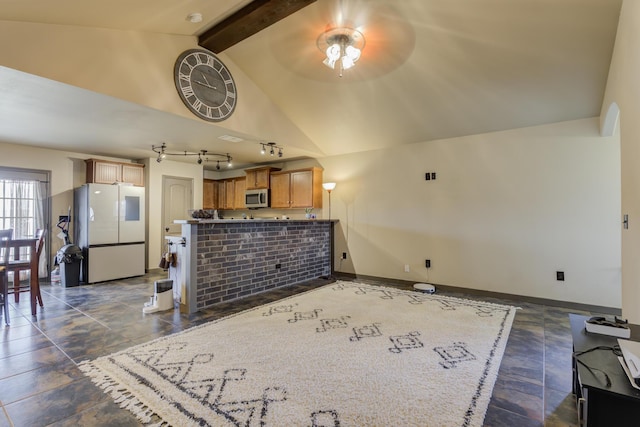 6208 21st St, Lubbock, TX 79407 - living room with baseboards, lofted ceiling with beams, and ceiling fan