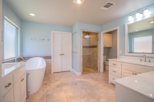 full bathroom featuring vanity, toilet, and separate shower and tub