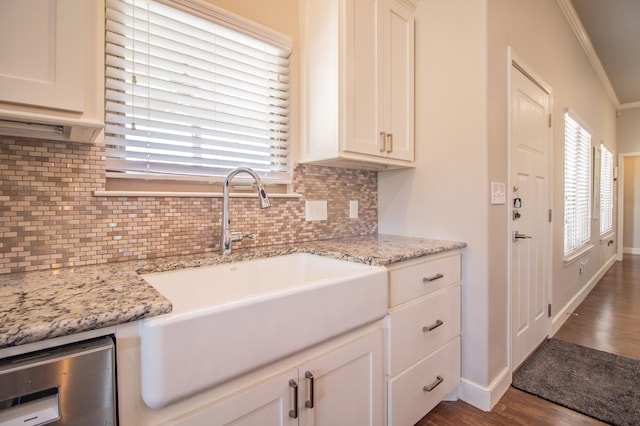 kitchen with ornamental molding, light stone countertops, sink, and backsplash