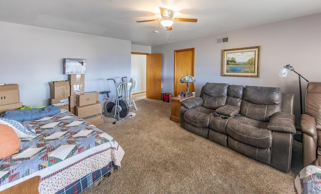bedroom with a ceiling fan, visible vents, and carpet