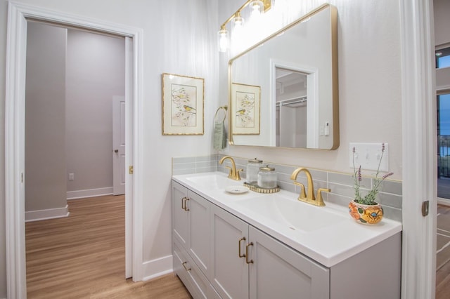 bathroom with wood-type flooring and vanity