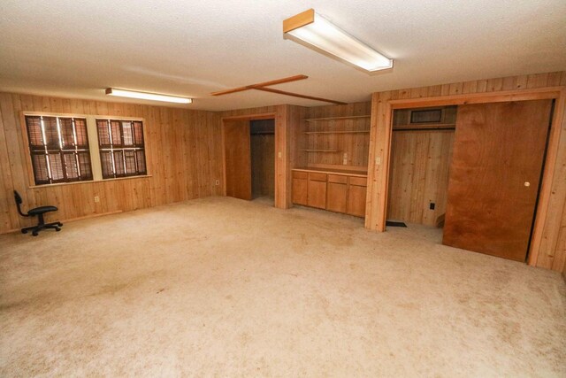 basement with carpet flooring, a textured ceiling, and wood walls