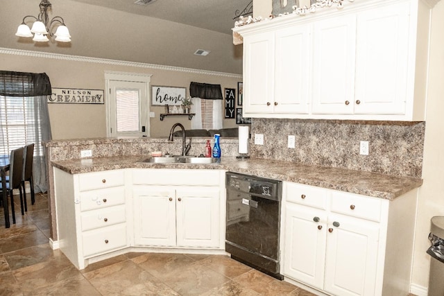 kitchen with black dishwasher, sink, white cabinets, and kitchen peninsula