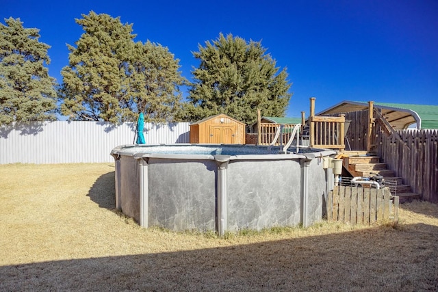 exterior space with a storage shed