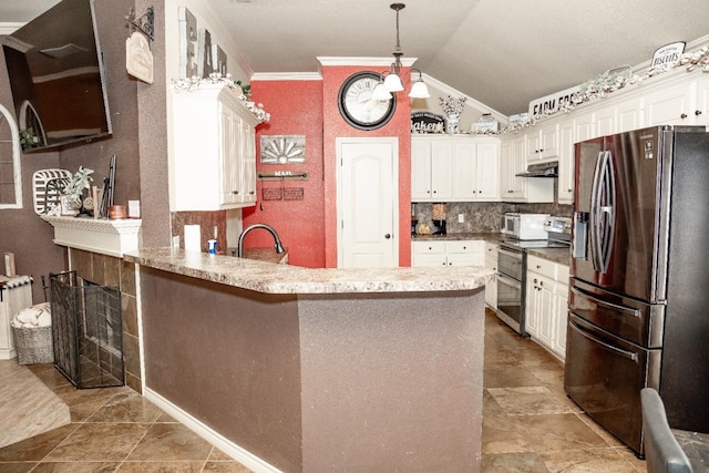 kitchen with white cabinetry, crown molding, kitchen peninsula, and appliances with stainless steel finishes