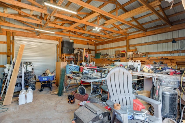 garage with a workshop area