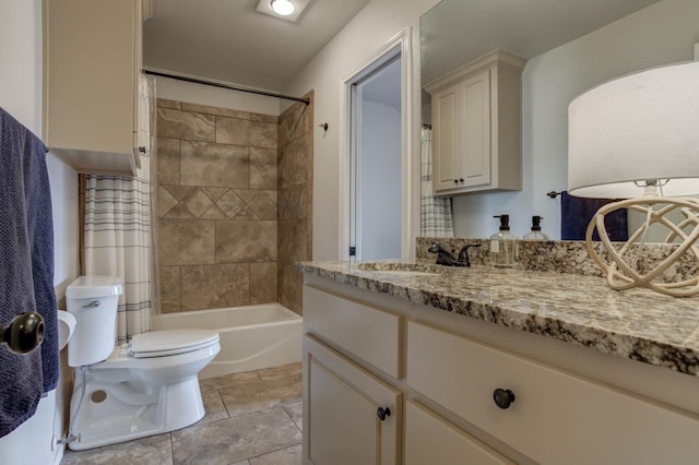 full bathroom featuring shower / tub combo with curtain, vanity, toilet, and tile patterned floors