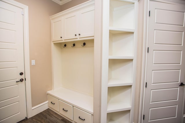 mudroom featuring baseboards and dark wood finished floors