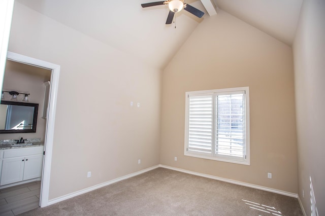 4906 119th St, Lubbock, TX 79424 - unfurnished bedroom with carpet flooring, lofted ceiling with beams, a sink, and ensuite bathroom