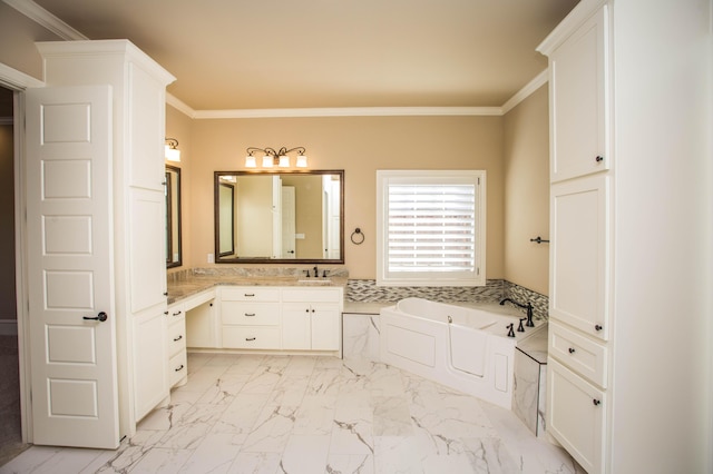 full bath featuring marble finish floor, crown molding, a bath, and vanity