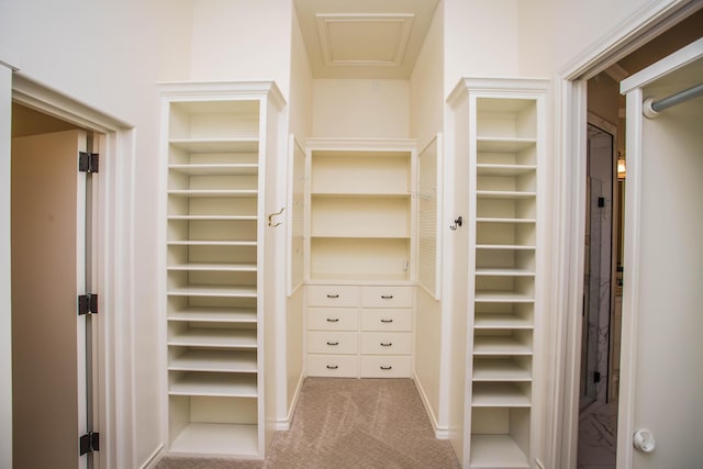 spacious closet featuring light colored carpet