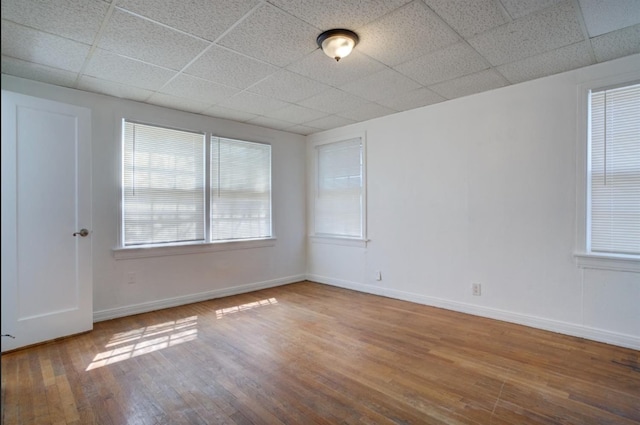 empty room with a drop ceiling and hardwood / wood-style flooring