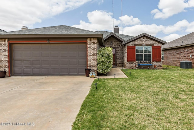 10018 Ave X, Lubbock, TX 79423 - view of front of property with concrete driveway, brick siding, a chimney, central air condition unit, and a front yard