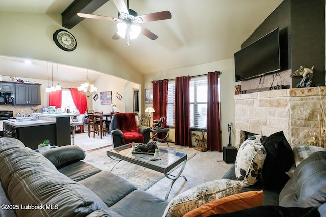 10018 Ave X, Lubbock, TX 79423 - living area featuring a chandelier, light carpet, a ceiling fan, a stone fireplace, and beam ceiling