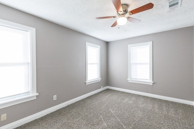 carpeted spare room with ceiling fan, a wealth of natural light, and a textured ceiling