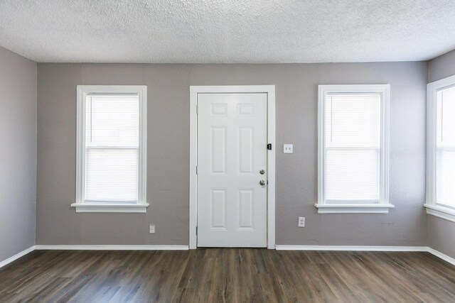 entryway featuring dark wood-type flooring, plenty of natural light, and a textured ceiling