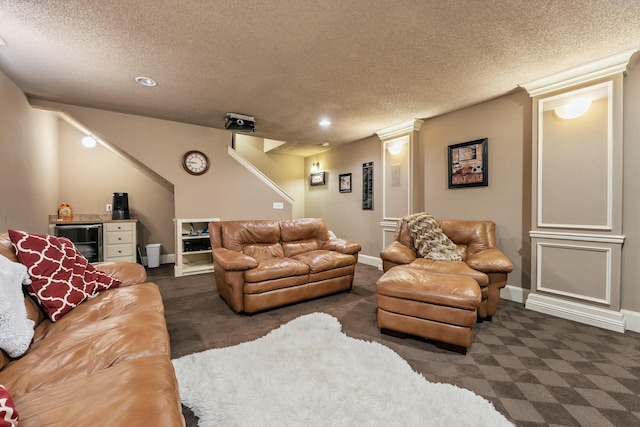 10801 Richmond Ave, Lubbock, TX 79424 - living room with carpet, baseboards, a textured ceiling, and beverage cooler