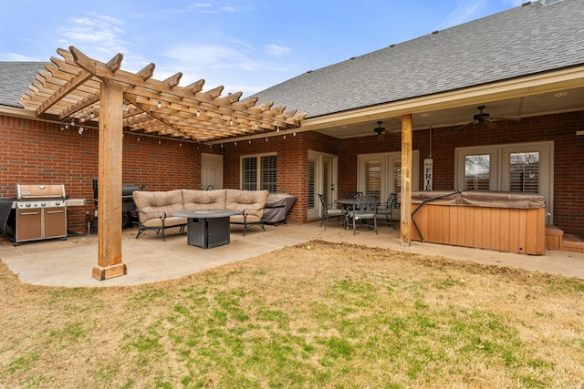 10801 Richmond Ave, Lubbock, TX 79424 - exterior space featuring a hot tub, outdoor lounge area, a pergola, grilling area, and ceiling fan
