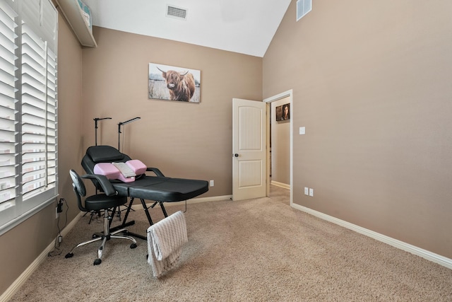 10801 Richmond Ave, Lubbock, TX 79424 - carpeted office space featuring baseboards, visible vents, and high vaulted ceiling