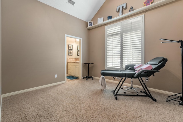 10801 Richmond Ave, Lubbock, TX 79424 - workout area featuring high vaulted ceiling, baseboards, light colored carpet, and visible vents
