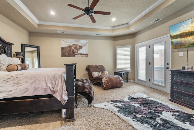 10801 Richmond Ave, Lubbock, TX 79424 - bedroom with a tray ceiling, crown molding, carpet, and access to outside