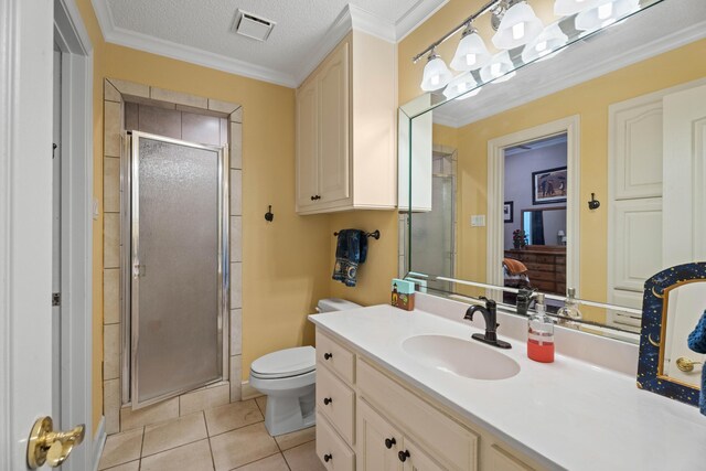 5401 County Rd 1420, Lubbock, TX 79407 - bathroom featuring a shower stall, tile patterned flooring, vanity, crown molding, and a textured ceiling
