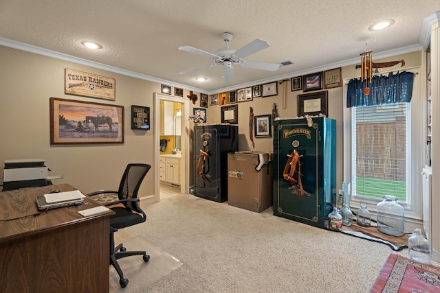 5401 County Rd 1420, Lubbock, TX 79407 - office area with crown molding, a textured ceiling, carpet, a ceiling fan, and recessed lighting