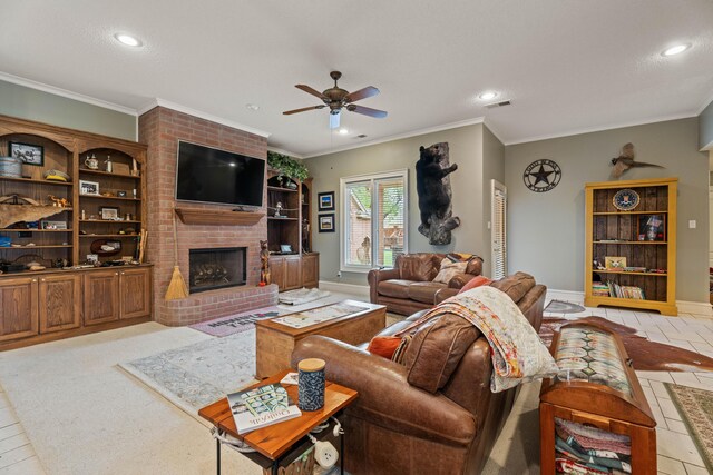 5401 County Rd 1420, Lubbock, TX 79407 - living area with recessed lighting, ceiling fan, a fireplace, crown molding, and light tile patterned floors