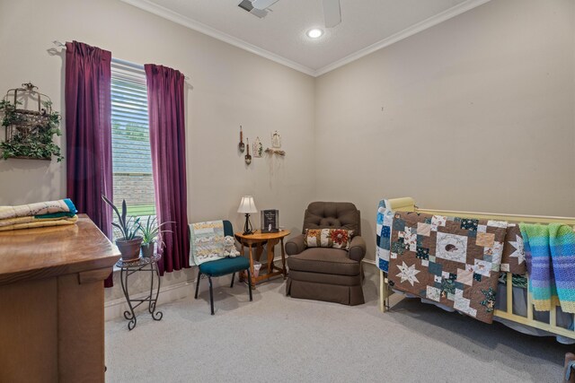 5401 County Rd 1420, Lubbock, TX 79407 - sitting room with carpet, ornamental molding, a ceiling fan, and recessed lighting