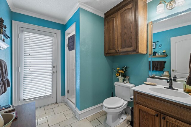 5401 County Rd 1420, Lubbock, TX 79407 - full bath with vanity, a stall shower, crown molding, and a textured ceiling