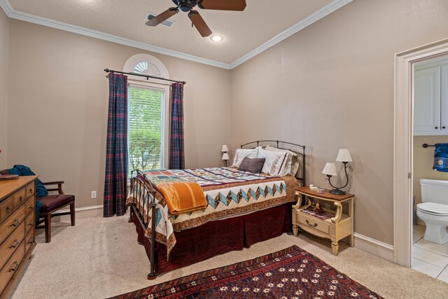5401 County Rd 1420, Lubbock, TX 79407 - bedroom featuring crown molding, light carpet, connected bathroom, a ceiling fan, and recessed lighting