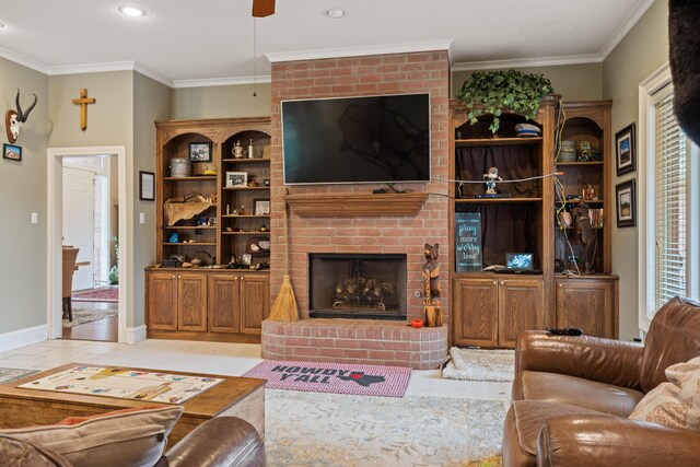 5401 County Rd 1420, Lubbock, TX 79407 - living area featuring a fireplace, crown molding, and a ceiling fan
