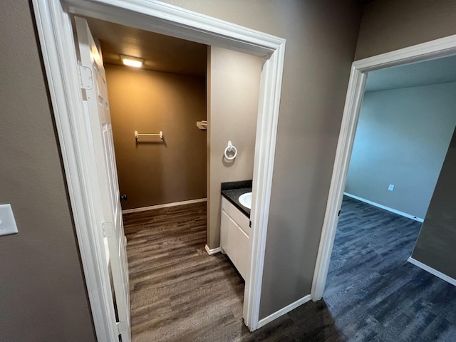 bathroom with wood-type flooring and vanity