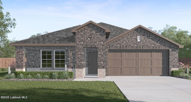 7816 93rd St, Lubbock, TX 79424 - french provincial home with a garage, concrete driveway, a front lawn, brick siding, and a shingled roof